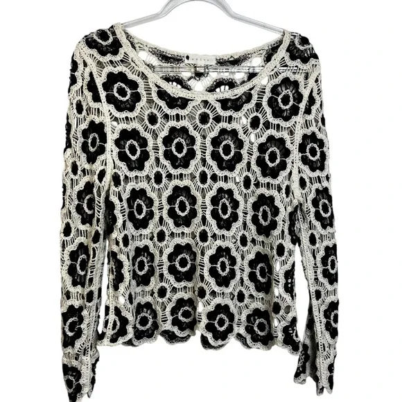 ADIVA Black White Floral Crochet Granny Square Long Sleeve Sweater‎ Boho S - Picture 2 of 7
